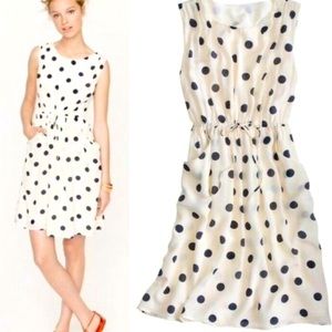 JCrew Women's 100% Silk Creme w/Navy Polka Dot Sleeveless Mini Dress Size 6 EUC